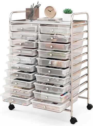 REALK4Life 20 RELER ROLLING STORAGE CART ، عربة المتداول بالهاتف المحمول مع أدراج للصفات الدراسية المدرسية صالون المنزل ، منظم حرفي للفيلم ، ملفات فنية ، عربة على العجلات (CLEAR) in Kuwait
