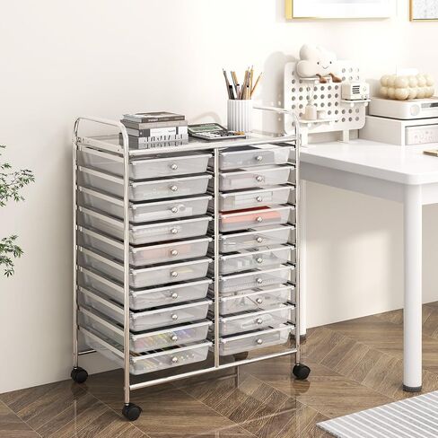 REALK4Life 20 RELER ROLLING STORAGE CART ، عربة المتداول بالهاتف المحمول مع أدراج للصفات الدراسية المدرسية صالون المنزل ، منظم حرفي للفيلم ، ملفات فنية ، عربة على العجلات (CLEAR) in Kuwait