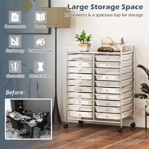 REALK4Life 20 RELER ROLLING STORAGE CART ، عربة المتداول بالهاتف المحمول مع أدراج للصفات الدراسية المدرسية صالون المنزل ، منظم حرفي للفيلم ، ملفات فنية ، عربة على العجلات (CLEAR) in Kuwait