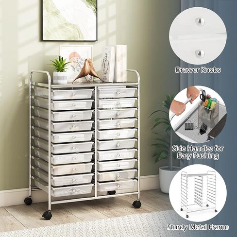 REALK4Life 20 RELER ROLLING STORAGE CART ، عربة المتداول بالهاتف المحمول مع أدراج للصفات الدراسية المدرسية صالون المنزل ، منظم حرفي للفيلم ، ملفات فنية ، عربة على العجلات (CLEAR) in Kuwait