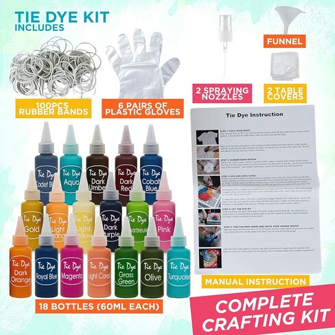 Tie Dye Kit for Kids & Adults - Complete DIY Tie Dye Set w/Tie Dye Powder in Tie Dye Refill Packets -Fun Kids Tie Dye Kit w/Nozzle Spray Tie Dye Kit for Fabric - Dye for Clothing (Pack of 18, 60 ml) in Saudi Arabia