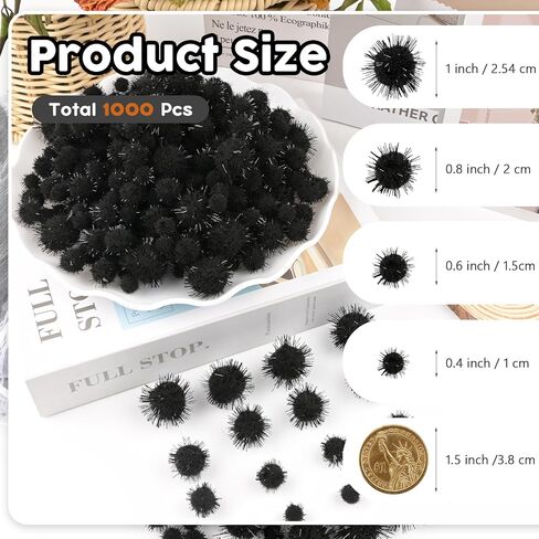 Nachlynn 1000 Glitter Pom Poms Bulk 4 أحجام متنوعة ناعمة ناعمة pom poms لأنشطة ديكورات الحرف اليدوية مع حقيبة تخزين (أسود) in Kuwait