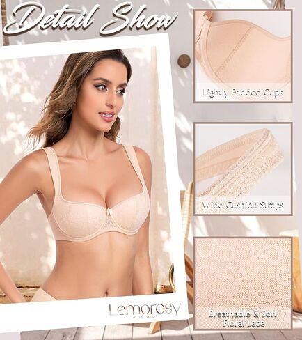 حمالة صدر نسائية من Lemorosy رافعة للأعلى من Balconette مبطنة بشكل خفيف من الدانتيل Demi Shelf Underwire in Kuwait