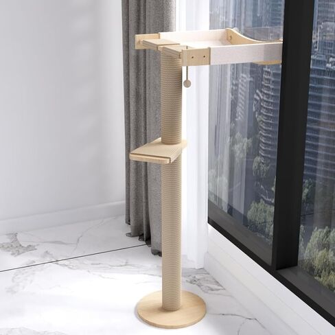 Cat Window Perch with Scratching Post Strong Supported - Large Hammock Bed for Cats Inside - Solid Wood Seat, Soft Cushion - Rustic Indoor Cat Tree Shelf for Sunbathing (Natural, Large 2) in Kuwait