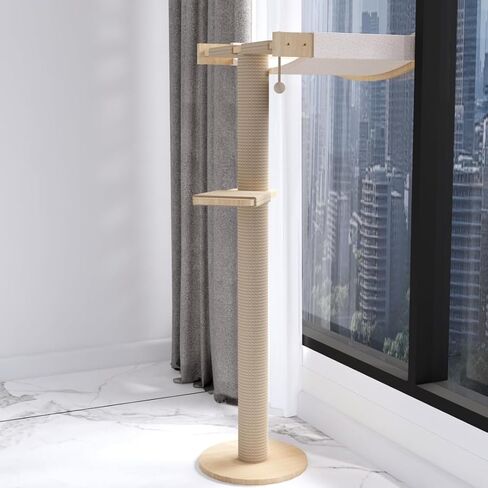 Cat Window Perch with Scratching Post Strong Supported - Large Hammock Bed for Cats Inside - Solid Wood Seat, Soft Cushion - Rustic Indoor Cat Tree Shelf for Sunbathing (Natural, Large 2) in Kuwait