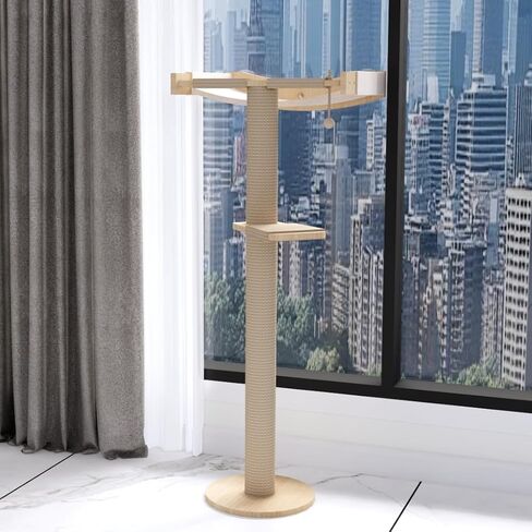 Cat Window Perch with Scratching Post Strong Supported - Large Hammock Bed for Cats Inside - Solid Wood Seat, Soft Cushion - Rustic Indoor Cat Tree Shelf for Sunbathing (Natural, Large 2) in Kuwait