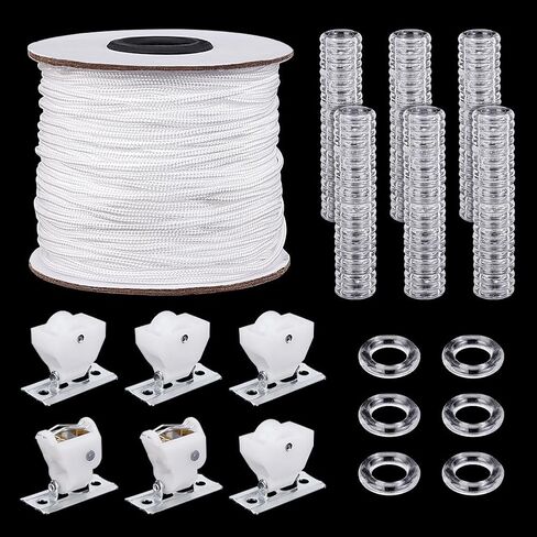 ph pandahall 100pcs صافية حلقات الستار الرومانية 50m سلك الستار الأبيض مضفر ، 2 مجموعة قفل سلك الظل الروماني 14 مم حلقات O-Rings 2mm نايلون مصعد الحبل لميني الستائر الأعمى DIY in Kuwait