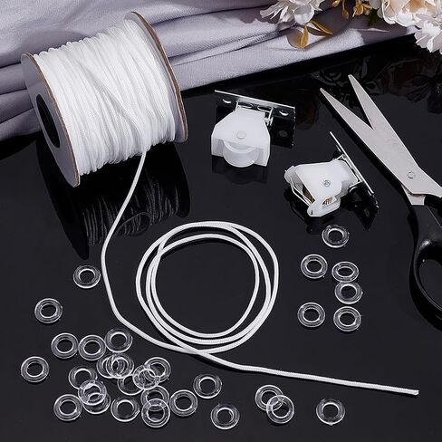 ph pandahall 100pcs صافية حلقات الستار الرومانية 50m سلك الستار الأبيض مضفر ، 2 مجموعة قفل سلك الظل الروماني 14 مم حلقات O-Rings 2mm نايلون مصعد الحبل لميني الستائر الأعمى DIY in Kuwait