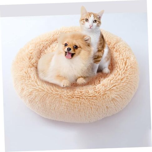 Happyyami Luxury Faux Fur Donut Self Warming Round Cushion for Cats and Cozy Small Beige for Joint Relief and Improved Sleep in Saudi Arabia