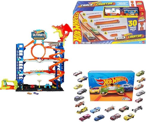Bundle of Hot Wheels City Ultimate Garage, Stores 50+ Vehicles + Track Creator Deluxe Pack, 25 Feet of Track + Set of 20 Vehicles (Styles May Vary) (Amazon Exclusive) in Saudi Arabia