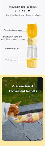 Dog Travel Water Bottle with Food Container – 2-in-1 Portable Pet Water Dispenser, Leak-Proof Dog Water Bottle with Bowl & Lanyard, 250ml/180g Capacity, Yellow in Saudi Arabia