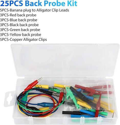 25pcs Automotive Test Leads Kit, Back Probe Alligator Clips, Alligator Clip to 4mm Banana Plug Test Probe Back Probes, Multimeter Electrical Testing 5 Colors Automotive Repair Diagnosis Tools Set in Kuwait