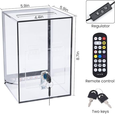 Upgrade Light Up Tip Jar, Light Up Acrylic Donation Ballot Box With Slot Remote Led Light, Lock, Blank Spaces Handwritten Sign, Suggestion Boxes for Voting Bartenders Cafes, Restaurants Change Color in Kuwait