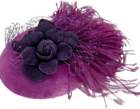 Purple Suede Rose & Feather Fascinator, Feather Headpiece, Suede Headpiece, Church Hat, Derby Hat, Wedding Hat, British Hat in Saudi Arabia