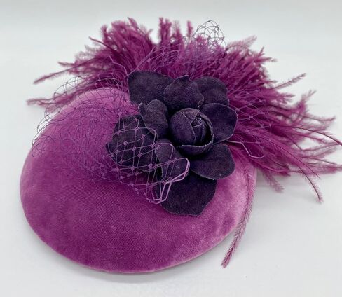 Purple Suede Rose & Feather Fascinator, Feather Headpiece, Suede Headpiece, Church Hat, Derby Hat, Wedding Hat, British Hat in Saudi Arabia