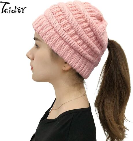 Taidor لينة تمتد كابل متماسكة قبعة ذيل حصان قبعة صغيرة للنساء فوضوي كعكة قبعة صغيرة ذيل مترهل قبعة دافئة in Kuwait