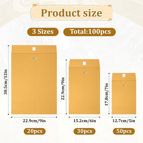 100 Pieces 3 Sizes Manilla Yellow Envelopes with Clasp Closure, Clasp Envelopes Paper for Filing, Storing Or Mailing Documents (5 x 7 Inch, 6 x 9 Inch, 9 x 12 Inch) in Saudi Arabia