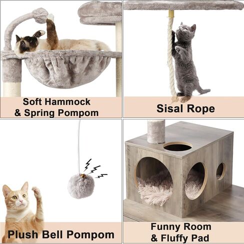 Cat Tree with Litter Box Enclosure, 2-in-1 Cat Tower for Indoor Cats, Large Wood Cat Condo with Basket, Scratching Posts, Pompoms, Grey in Kuwait