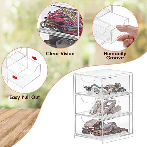 Btsky 1 حزمة منظم تخزين أكريليك صغير مع أدراج ، منظم سطح المكتب Clear المكون من 3 طبقات للمستلزمات المكتبية مربع تخزين صغير مع أدراج للمكتب ، وصندوق تخزين مجوهرات مكياج سطح المكتب. in Saudi Arabia