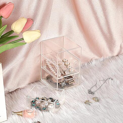 Btsky 1 حزمة منظم تخزين أكريليك صغير مع أدراج ، منظم سطح المكتب Clear المكون من 3 طبقات للمستلزمات المكتبية مربع تخزين صغير مع أدراج للمكتب ، وصندوق تخزين مجوهرات مكياج سطح المكتب. in Saudi Arabia