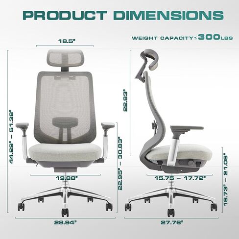 COLAMY Ergonomic Mesh Office Chair, High Back Computer Executive Desk Chair with Adjustable Headrest and 4D Arms, Slide Seat, Tilt Lock-Light Grey in Saudi Arabia