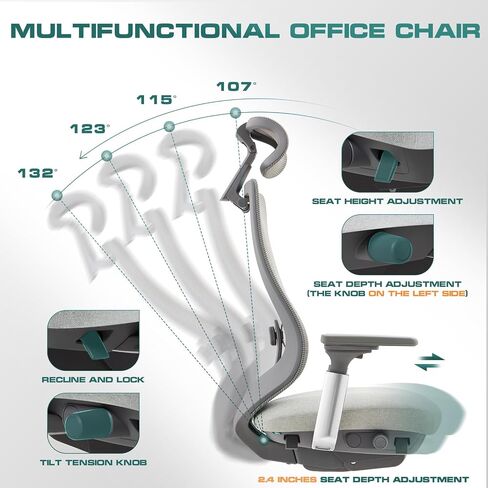 COLAMY Ergonomic Mesh Office Chair, High Back Computer Executive Desk Chair with Adjustable Headrest and 4D Arms, Slide Seat, Tilt Lock-Light Grey in Saudi Arabia