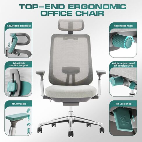 COLAMY Ergonomic Mesh Office Chair, High Back Computer Executive Desk Chair with Adjustable Headrest and 4D Arms, Slide Seat, Tilt Lock-Light Grey in Saudi Arabia