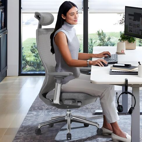 COLAMY Ergonomic Mesh Office Chair, High Back Computer Executive Desk Chair with Adjustable Headrest and 4D Arms, Slide Seat, Tilt Lock-Light Grey in Saudi Arabia