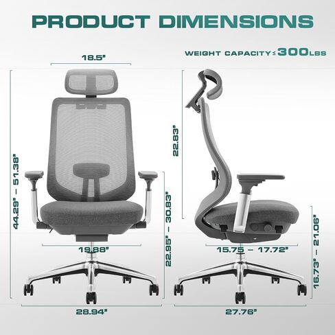 COLAMY Ergonomic Mesh Office Chair, High Back Computer Executive Desk Chair with Adjustable Headrest and 4D Arms, Slide Seat, Tilt Lock-Light Grey in Saudi Arabia