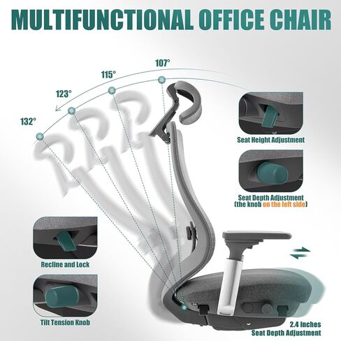 COLAMY Ergonomic Mesh Office Chair, High Back Computer Executive Desk Chair with Adjustable Headrest and 4D Arms, Slide Seat, Tilt Lock-Light Grey in Saudi Arabia