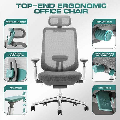 COLAMY Ergonomic Mesh Office Chair, High Back Computer Executive Desk Chair with Adjustable Headrest and 4D Arms, Slide Seat, Tilt Lock-Light Grey in Saudi Arabia
