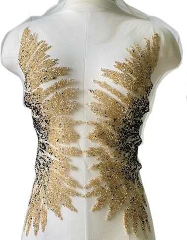 Iron on Beaded Fabric,Gold Beaded Applique for Dresses, Stage Costumes, Wedding Dresses DIY Trim Wing Patches (Style 5) in Kuwait
