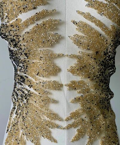 Iron on Beaded Fabric,Gold Beaded Applique for Dresses, Stage Costumes, Wedding Dresses DIY Trim Wing Patches (Style 5) in Kuwait