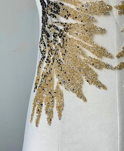 Iron on Beaded Fabric,Gold Beaded Applique for Dresses, Stage Costumes, Wedding Dresses DIY Trim Wing Patches (Style 5) in Kuwait