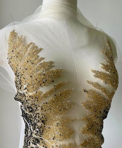 Iron on Beaded Fabric,Gold Beaded Applique for Dresses, Stage Costumes, Wedding Dresses DIY Trim Wing Patches (Style 5) in Kuwait