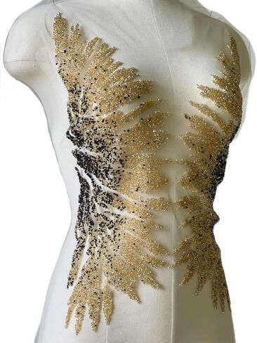 Iron on Beaded Fabric,Gold Beaded Applique for Dresses, Stage Costumes, Wedding Dresses DIY Trim Wing Patches (Style 5) in Kuwait
