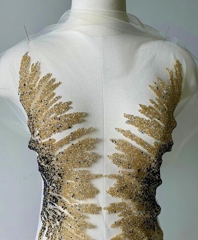 Iron on Beaded Fabric,Gold Beaded Applique for Dresses, Stage Costumes, Wedding Dresses DIY Trim Wing Patches (Style 5) in Kuwait