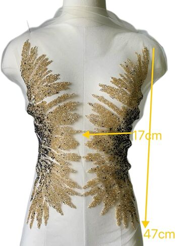 Iron on Beaded Fabric,Gold Beaded Applique for Dresses, Stage Costumes, Wedding Dresses DIY Trim Wing Patches (Style 5) in Kuwait