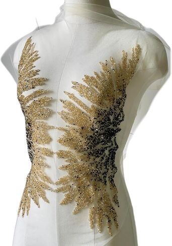 Iron on Beaded Fabric,Gold Beaded Applique for Dresses, Stage Costumes, Wedding Dresses DIY Trim Wing Patches (Style 5) in Kuwait