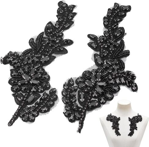 nbeads 2 pcs رقعة راينستون sash ، مطرزة بالخرز الأزهار الزهرية ثلاثية الأبعاد زهرة الديكور الديكور خياطة على بقع للملابس فستان الزفاف الدانتيل الدانتيل ديكور ديكور ، أسود in Kuwait