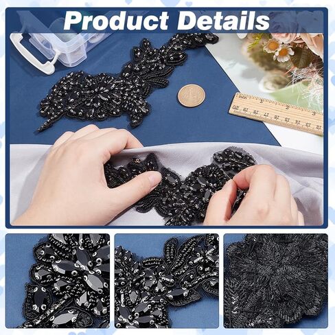 nbeads 2 pcs رقعة راينستون sash ، مطرزة بالخرز الأزهار الزهرية ثلاثية الأبعاد زهرة الديكور الديكور خياطة على بقع للملابس فستان الزفاف الدانتيل الدانتيل ديكور ديكور ، أسود in Kuwait