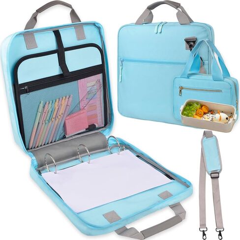 Chezmax Zipper Binder 3 حلقة مع صندوق الغداء - حقيبة منظم السوستة مع حزام ومقبض الكتف ، 2 بوصة O RING ، سعة 500 ورقة 500 ومنظم أكياس المجلدات متعددة الجيبات ، أسود in Saudi Arabia