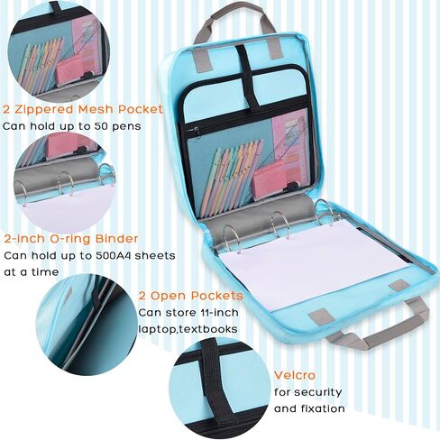 Chezmax Zipper Binder 3 حلقة مع صندوق الغداء - حقيبة منظم السوستة مع حزام ومقبض الكتف ، 2 بوصة O RING ، سعة 500 ورقة 500 ومنظم أكياس المجلدات متعددة الجيبات ، أسود in Saudi Arabia