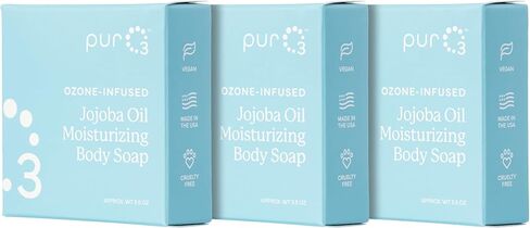 Puro3 Ozonated jojoba Oil Soap 3 عبوات-غسل الجسم العضوي المصنوع يدويًا-قضبان نباتية طبيعية للنساء والرجال-منظف لطيف ، قابل للتحلل ، غير سام للاستحمام والاستحمام ، 3.5 أوقية. in Kuwait