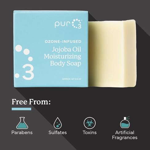 Puro3 Ozonated jojoba Oil Soap 3 عبوات-غسل الجسم العضوي المصنوع يدويًا-قضبان نباتية طبيعية للنساء والرجال-منظف لطيف ، قابل للتحلل ، غير سام للاستحمام والاستحمام ، 3.5 أوقية. in Kuwait