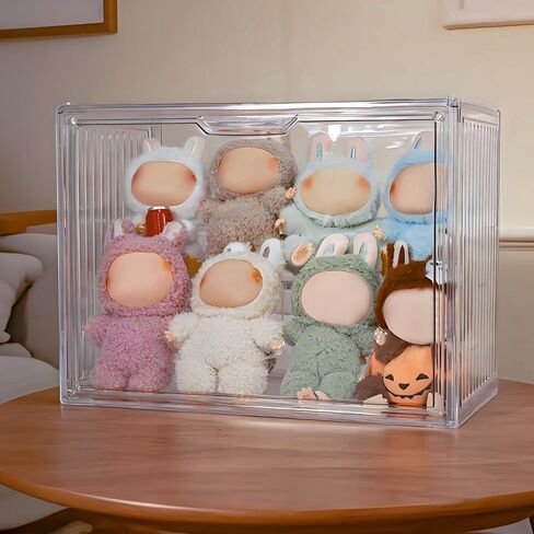 Clear Doll Storage Box Compatible with Labubu - Stackable Organizer for 15-17cm Dolls & Accessories, Transparent Display Case for Collectibles, Action Figures, and Toy Clothes in Kuwait