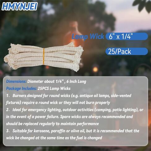 1/4" Round Oil Lamp Wicks 6 Inch Long for Oil Lamps Wicks Alcohol Candle Burner, Kerosene Lamp (25 Pack) in Saudi Arabia