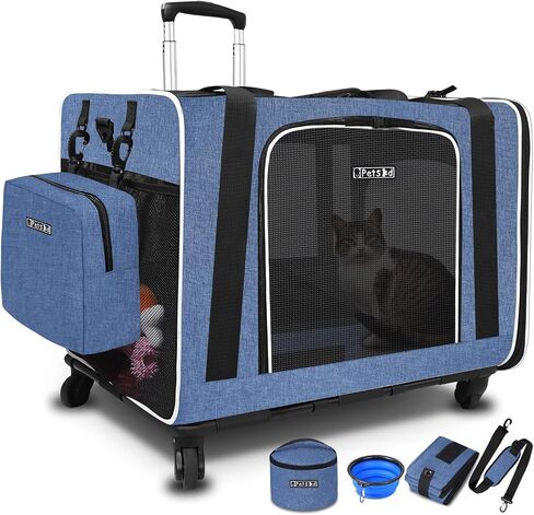 Petskd Extra Large Cat Carrier with Wheels and Litter Box 24"x17"x17" for Large Cat or 2 Small Cats, Collapsible Soft Sided Pet Carrier for Car Travel with Lockable Safety Zippers(Blue) in Saudi Arabia