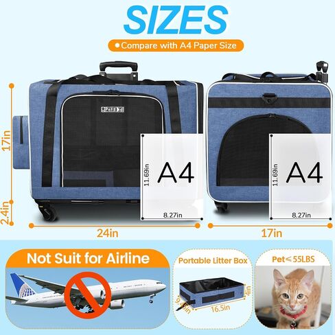 Petskd Extra Large Cat Carrier with Wheels and Litter Box 24"x17"x17" for Large Cat or 2 Small Cats, Collapsible Soft Sided Pet Carrier for Car Travel with Lockable Safety Zippers(Blue) in Saudi Arabia
