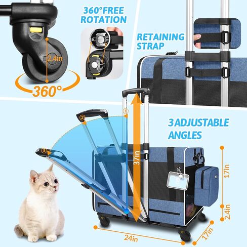 Petskd Extra Large Cat Carrier with Wheels and Litter Box 24"x17"x17" for Large Cat or 2 Small Cats, Collapsible Soft Sided Pet Carrier for Car Travel with Lockable Safety Zippers(Blue) in Saudi Arabia